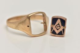 A MASONIC SWIVEL SIGNET RING, an AF yellow gold signet ring with a central swivel panel, blue enamel