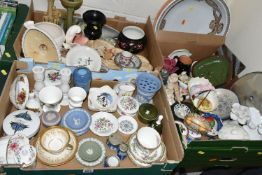THREE BOXES OF GIFTWARE AND ORNAMENTS, to include Wedgwood Blue jasperware vase and two trinket
