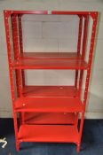 A PAIR OF RED STEEL FOUR TIER SHELVING UNITS, width 81cm x depth 31cm x height 164cm (condition -