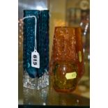 THREE WHITEFRIARS GLASS VASES, comprising a Geoffrey Baxter coffin vase in tangerine, height 13.2cm,