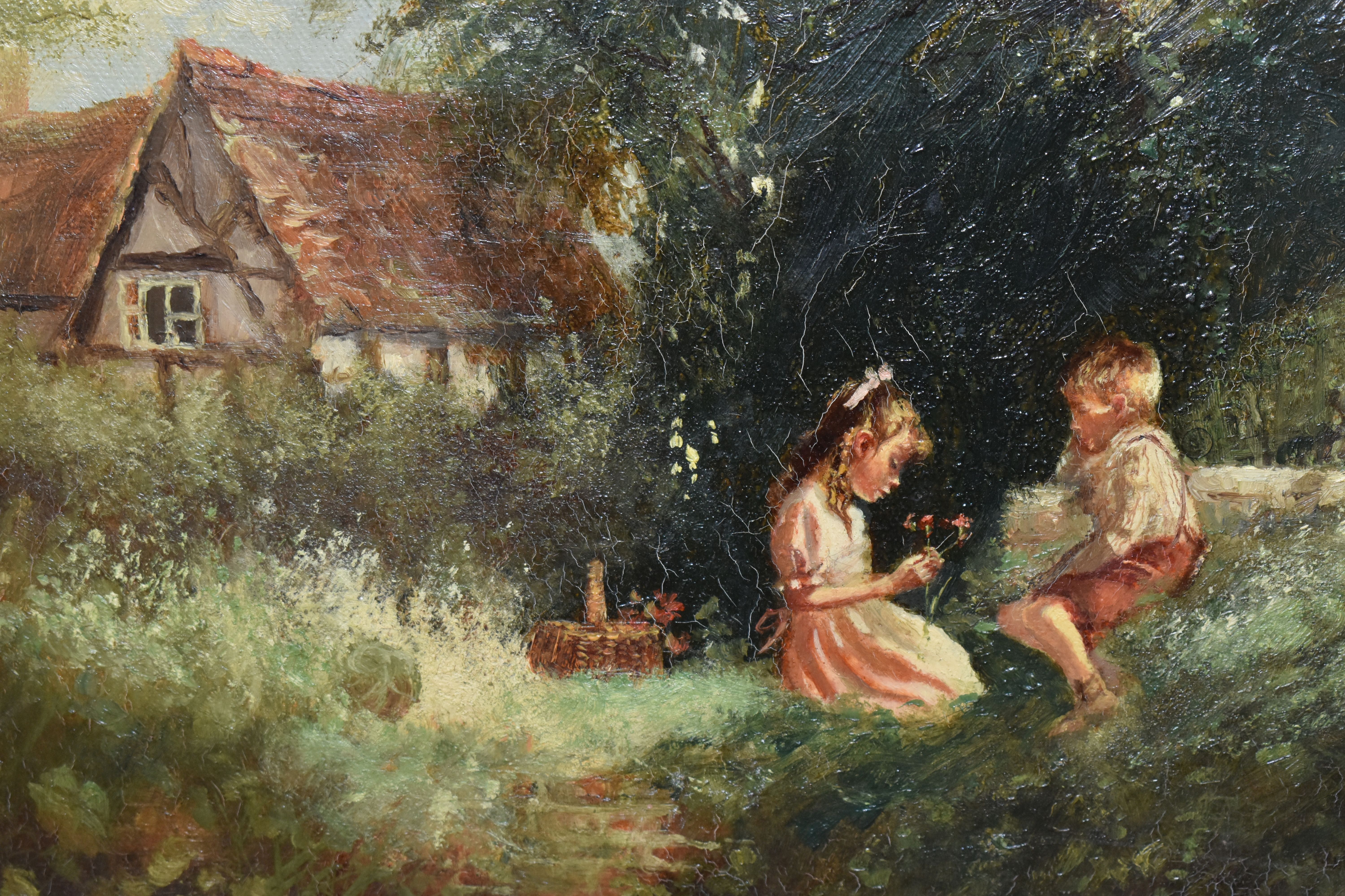 PAUL J ATTFIELD (BRITISH 1950) A YOUNG GIRL AND BOY BESIDE A RIVER, a cottage is surrounded by trees - Image 3 of 5