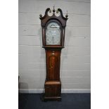 A GEORGIAN OAK AND MAHOGANY EIGHT DAY LONGCASE CLOCK, the hood with a swan neck pediment and brass