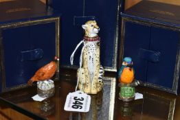 THREE BOXED HALCYON DAYS PORCELAIN BIRDS AND ANIMAL, comprising a seated Cheetah scent flask with