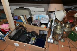 FIVE BOXES AND LOOSE LAMPS, SEWING MACHINE, TOYS, ELECTRONICS AND SUNDRY ITEMS, to include a cased