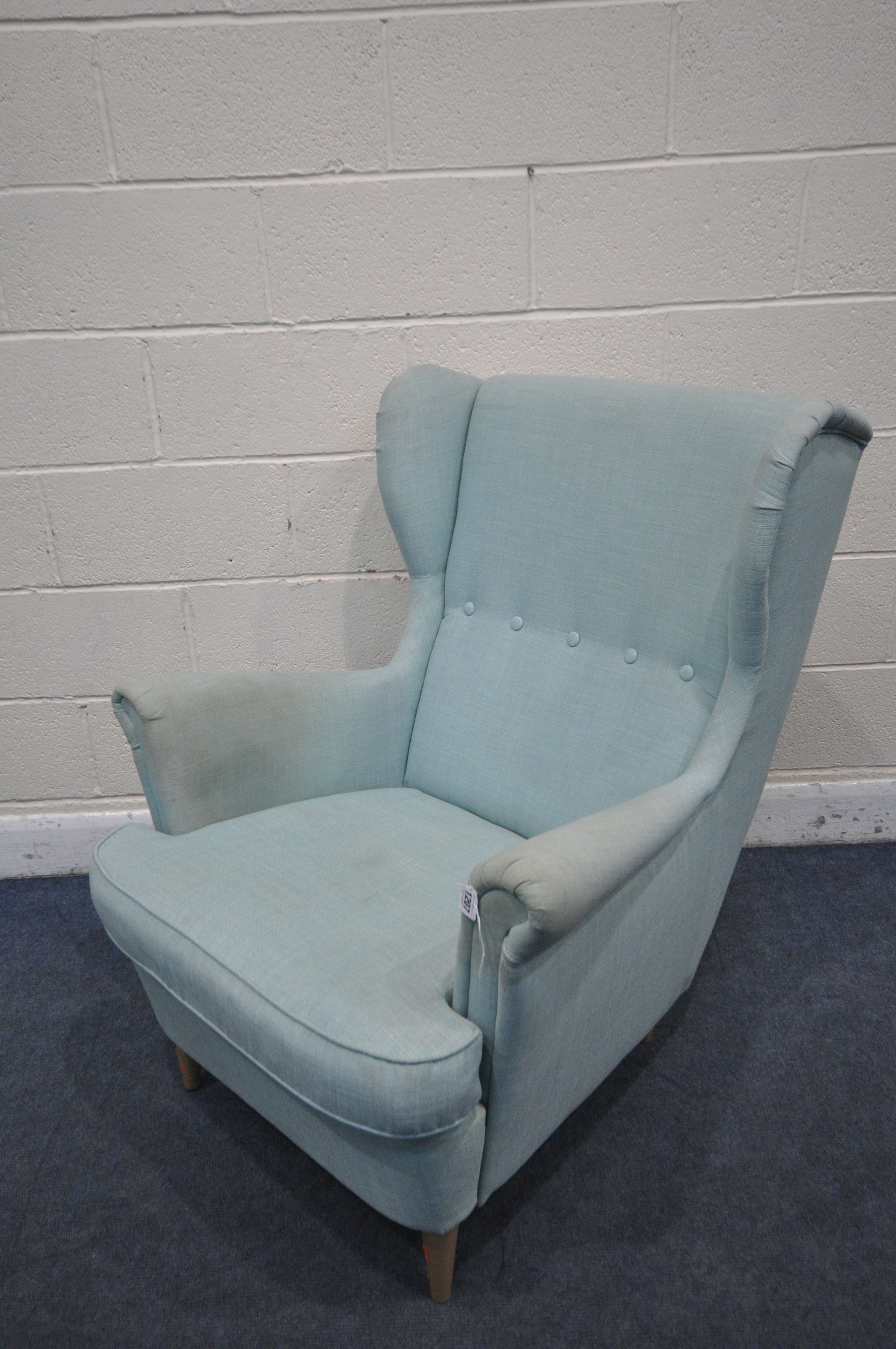 AN IKEA WINGBACK ARMCHAIR, with teal upholstery, width 83cm x depth 101cm x height 101cm ( - Image 4 of 5