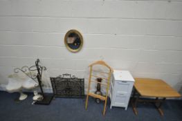 A SELECTION OF OCCASIONAL FURNITURE, to include a teak coffee table, beech folding valet stand,
