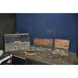 THREE VINTAGE WOODEN CARPENTERS TOOLBOXES containing tools including wooden spokeshaves and wooden
