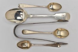 A PAIR OF SILVER SUGAR TONGS AND TEASPOONS, Georgian fiddle pattern sugar tongs with engraved