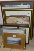 NINE OIL AND WATERCOLOUR PAINTINGS, to include a continental street scene signed Aquilat,