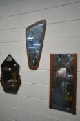 AN ART DECO OAK FRAMED WALL MIRROR, and two mid-century wall mirrors (condition: -in dusty