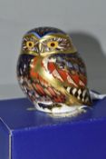 A BOXED ROYAL CROWN DERBY IMARI PAPERWEIGHT, Little Owl issued 1998, with gold button stopper, not