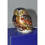 A BOXED ROYAL CROWN DERBY IMARI PAPERWEIGHT, Little Owl issued 1998, with gold button stopper, not