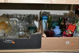 FOUR BOXES OF GLASS WARES, to include a green Alum Bay Glass scent bottle, a Mdina paperweight in