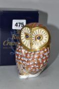 A ROYAL CROWN DERBY IMARI PAPERWEIGHT, Barn Owl, issued 1995, with gold button stopper and