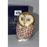 A ROYAL CROWN DERBY IMARI PAPERWEIGHT, Barn Owl, issued 1995, with gold button stopper and