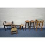 A VARIETY OF STOOLS, to include a modern pine dressing stool, two pine stools, a high stool, a