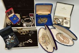 A BOX OF ASSORTED COSTUME JEWELLERY AND BOXES, a selection of yellow metal chains, imitation pearls,
