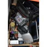 ONE BOX OF CAMERAS AND SUNDRIES, to include a Samsung 440x digital zoom 8mm camera and case, a