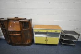 A MID CENTURY SIDEBOARD, with three drawers, width 102cm x depth 42cm x height 88cm, an oak side