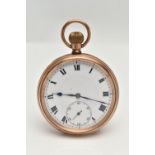 A 9CT GOLD OPEN FACE POCKET WATCH, hand wound movement, Roman numerals, subsidiary seconds dial at