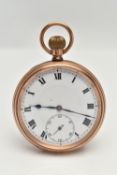 A 9CT GOLD OPEN FACE POCKET WATCH, hand wound movement, Roman numerals, subsidiary seconds dial at