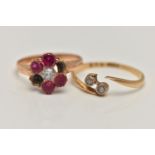 TWO GEM SET RINGS, the first an AF cluster ring, set with four circular cut rubies (two rubies are