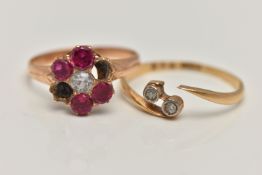 TWO GEM SET RINGS, the first an AF cluster ring, set with four circular cut rubies (two rubies are