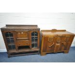 AN EARLY 20TH CENTURY OAK LEAD GLAZED BUREAU / BOOKCASE, width 124cm x depth 34cm x height 126cm,