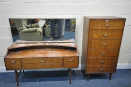 A MID CENTURY TEAK TWO PIECE BEDROOM SUITE, comprising a dressing table, with a single mirror,