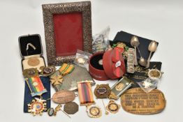 A BOX OF ASSORTED ITEMS, to include a boxed silver 'My last Rolo', hallmarked 'C W Sellors'