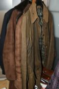 FIVE GENTLEMEN'S JACKETS AND ONE BOX OF ACCESSORIES, to include a vintage green waxed Barbour '