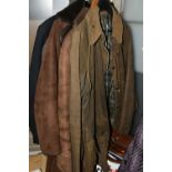 FIVE GENTLEMEN'S JACKETS AND ONE BOX OF ACCESSORIES, to include a vintage green waxed Barbour '