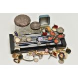 A BOX OF ASSORTED ITEMS, to include two silver lidded glass jars, two silver rings all with