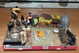 A BOX OF COLLECTABLES OF FISHING, BREWERY / ADVERTISING INTEREST, ETC, including an Enesco