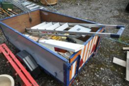 A SINGLE AXLE BOX TRAILER, with tail boards and cables, along with an aluminium step ladder (