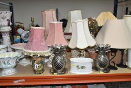 A LARGE QUANTITY OF TABLE LAMPS AND PLANTERS, to include a pair of chrome pineapple candle