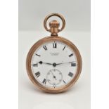 A ROLLED GOLD OPEN FACE POCKET WATCH, manual wind, round white dial signed 'H.Diamond, Lucerne',