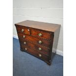 A GEORGIAN MAHOGANY AND CROSSBANDED CHEST OF TWO SHORT OVER THREE LONG DRAWERS, with brass