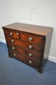 A GEORGIAN MAHOGANY AND CROSSBANDED CHEST OF TWO SHORT OVER THREE LONG DRAWERS, with brass
