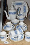 A COALPORT REVELRY PATTERN SIXTEEN PIECE COFFEE SERVICE, comprising cake plate, coffee pot and cover