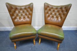 A PAIR OF BROWN LEATHER BUTTON BACK CHAIRS, on beech legs (condition report: -surface scratches to