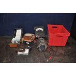 A PLASTIC TRAY CONTAINING TEST EQUIPMENT including a Universal Avometer, a Megger Continuity and