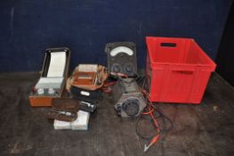 A PLASTIC TRAY CONTAINING TEST EQUIPMENT including a Universal Avometer, a Megger Continuity and