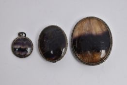 THREE PIECES OF BLUE JOHN FLOURITE JEWELLERY, to include an oval brooch, in a white metal mount