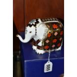 A BOXED ROYAL CROWN DERBY IMARI SMALL ELEPHANT PAPERWEIGHT, introduced in 1990, gold button stopper,