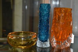 THREE PIECES OF WHITEFRIARS GLASS, comprising Geoffrey Baxter bark stem vase in kingfisher blue,
