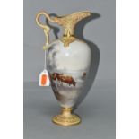 A LATE 19TH CENTURY ROYAL WORCESTER EWER OF BALUSTER FORM HAND PAINTED WITH CATTLE BY JOHN