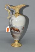 A LATE 19TH CENTURY ROYAL WORCESTER EWER OF BALUSTER FORM HAND PAINTED WITH CATTLE BY JOHN