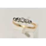 A FIVE STONE DIAMOND RING, five transitional cut diamonds, prong set in white metal, approximate