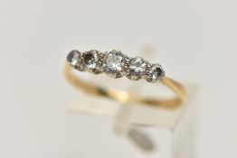 A FIVE STONE DIAMOND RING, five transitional cut diamonds, prong set in white metal, approximate